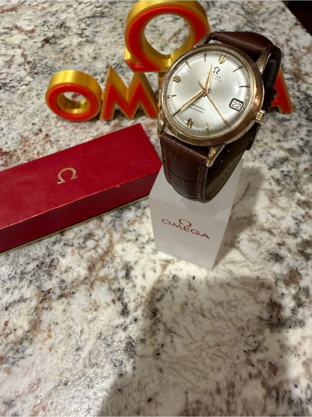 Omega Men's Classic Brown Leather Wristwatch - Gold Case
